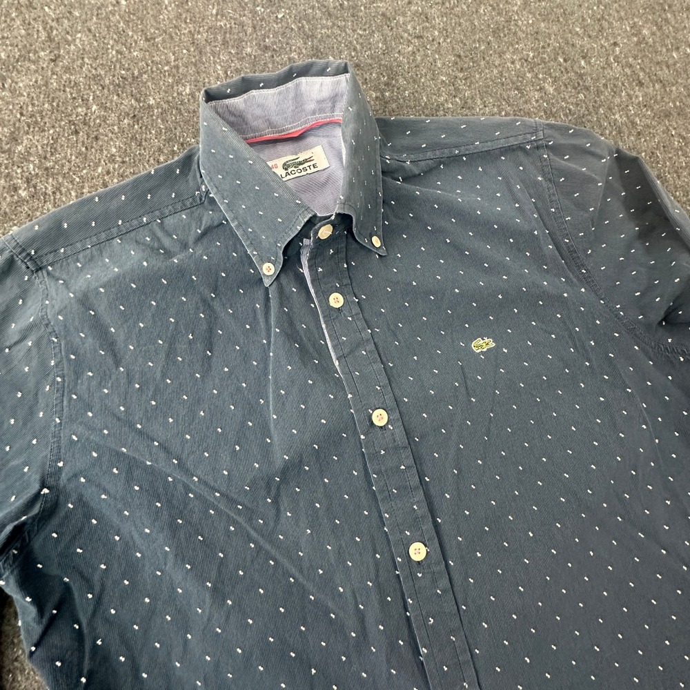 Lacoste Button Down Mens 40 Med Blue Polka Dot Corduroy Long Sleeve Shirt